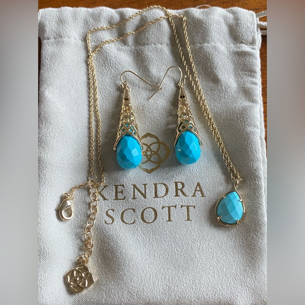 Kendra Scott rare Brynn turquoise & gold set, earrings and necklace, never worn